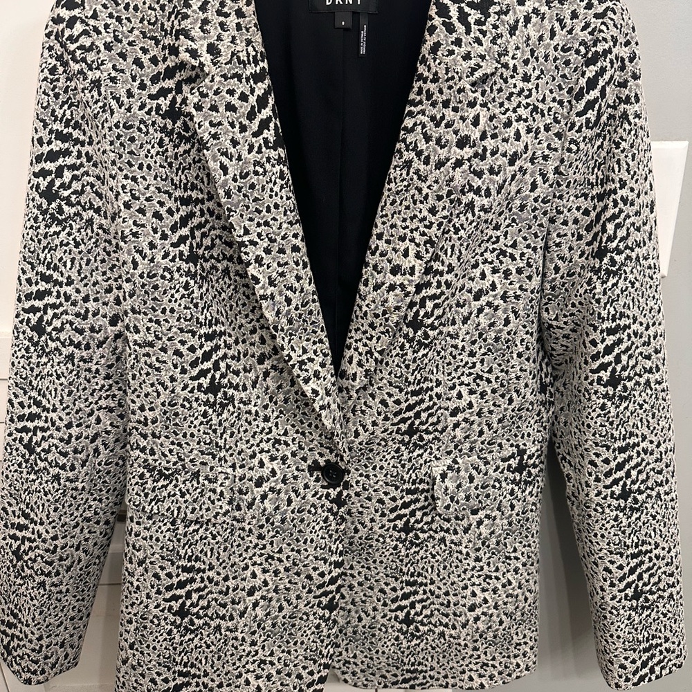 DKNY Blazer Jacket Grey Black Cream Animal Print 8 Single Leopard Workwear Y2K